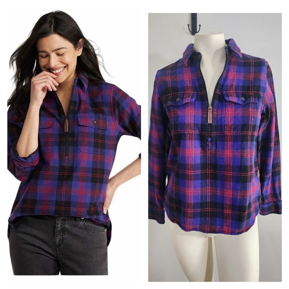 L.L.Bean Womens XSP Flannel Shirt Plaid Purple Red Black Half Zip Relaxed cotton