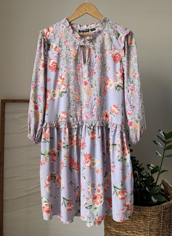 Women's TOLANI Collection Long Sleeve Ruffle Trim Orchid Floral Dress Large L