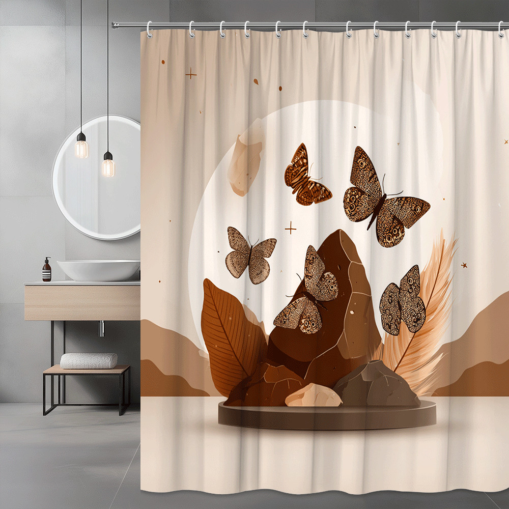 Boho Butterfly Shower Curtain Brown Beige Abstract Decor