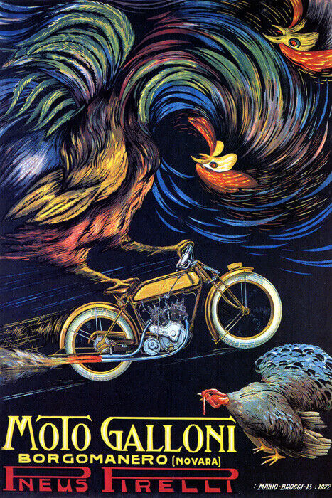 Vintage Pirelli Italia Rooster Motorcycle Tires Galonni Poster Repro