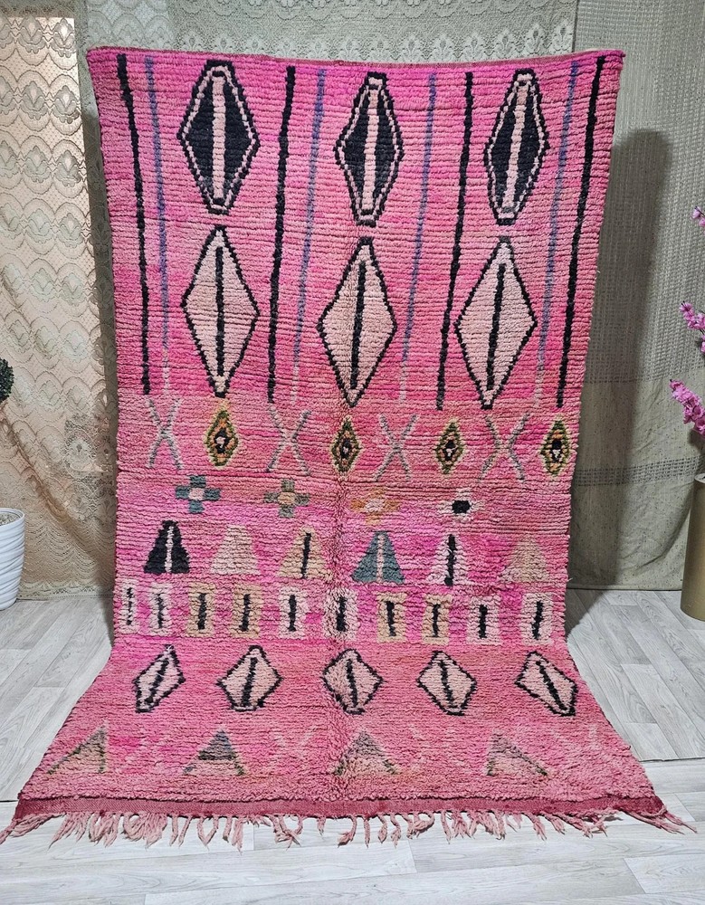 Moroccan Berber Beni Ourain Wool Rug Color Pink Multi Design Handmade Carpet Rug