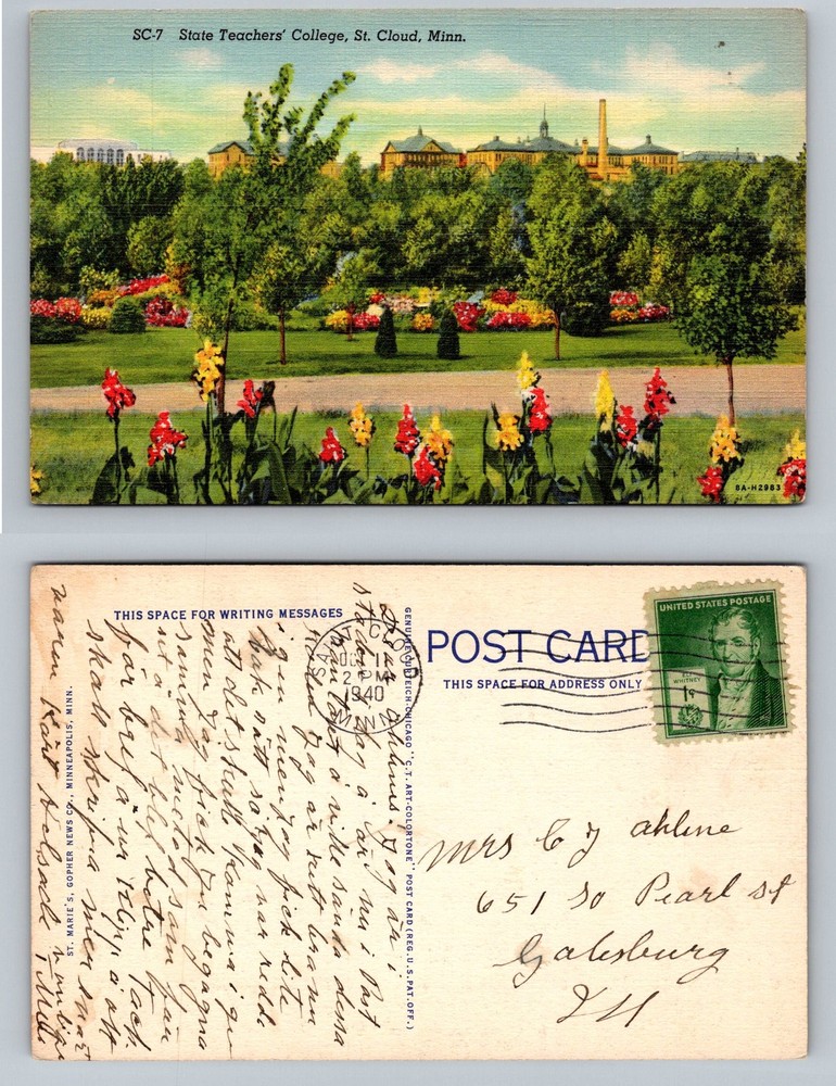 St Cloud, MN-Minnesota, Teachers College Campus Gardens Vintage c1940 Postcard
