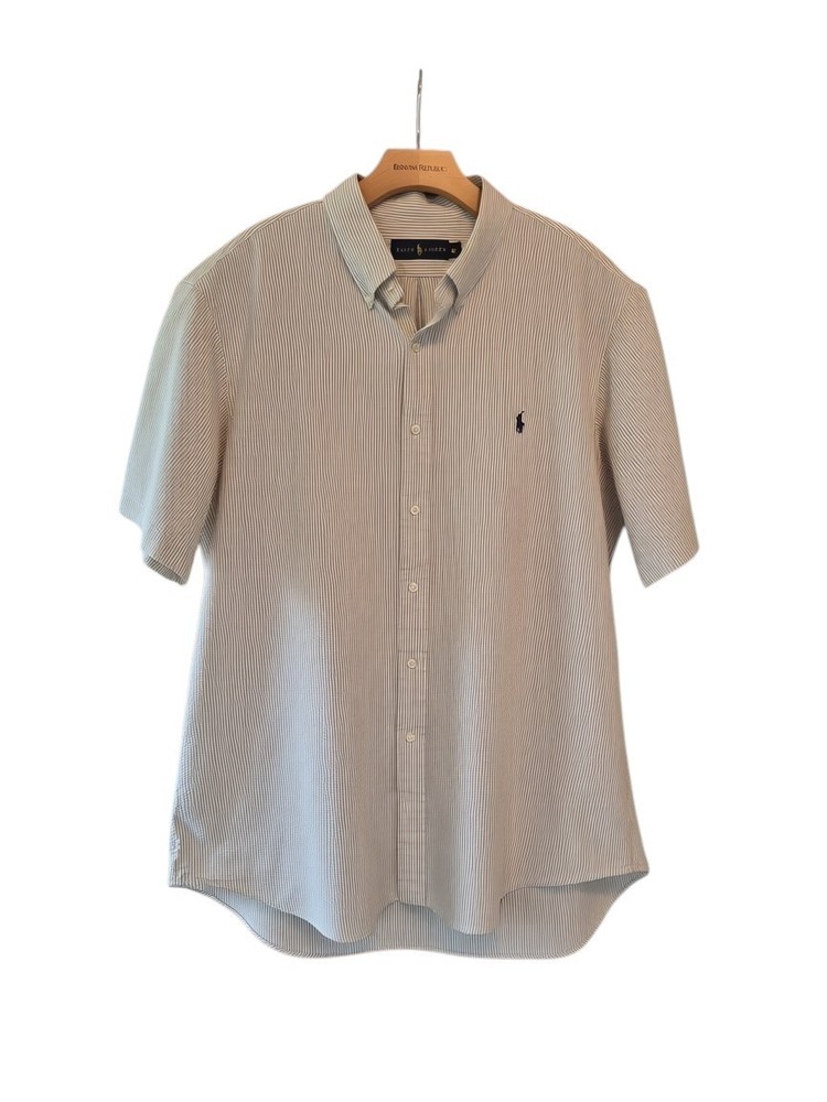 Ralph Lauren Seersucker Shirt Men XL Beige White Stripe Button Down Short Sleeve