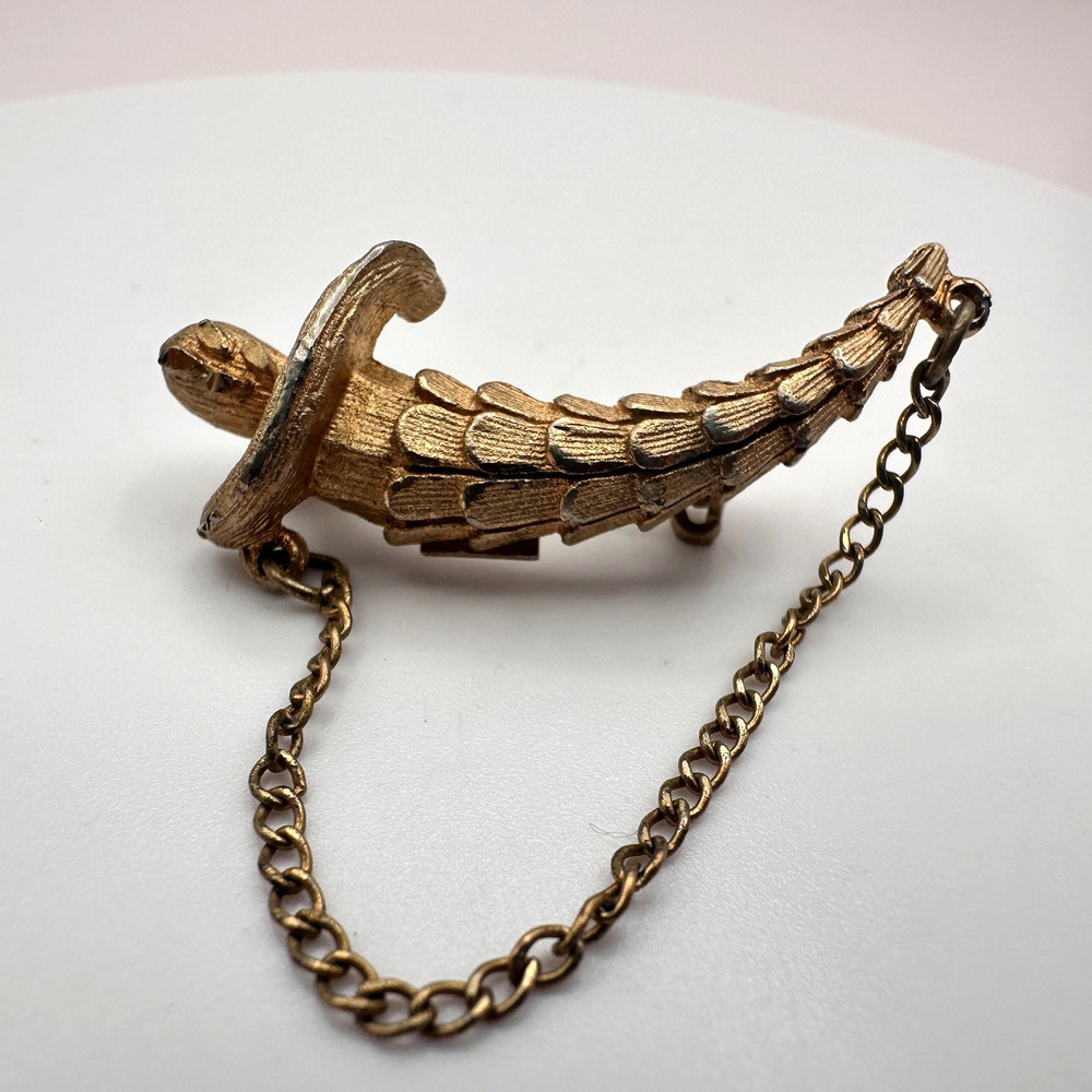 Vintage 60's Gold Tone Textured Crescent Sword Brooch Safety Guard Chain Jewelry
