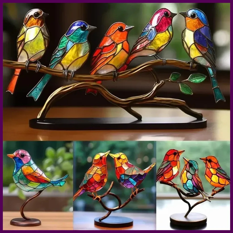 Stained Glass Birds On Branch Desktop Ornaments Double Sided Multicolor Birds