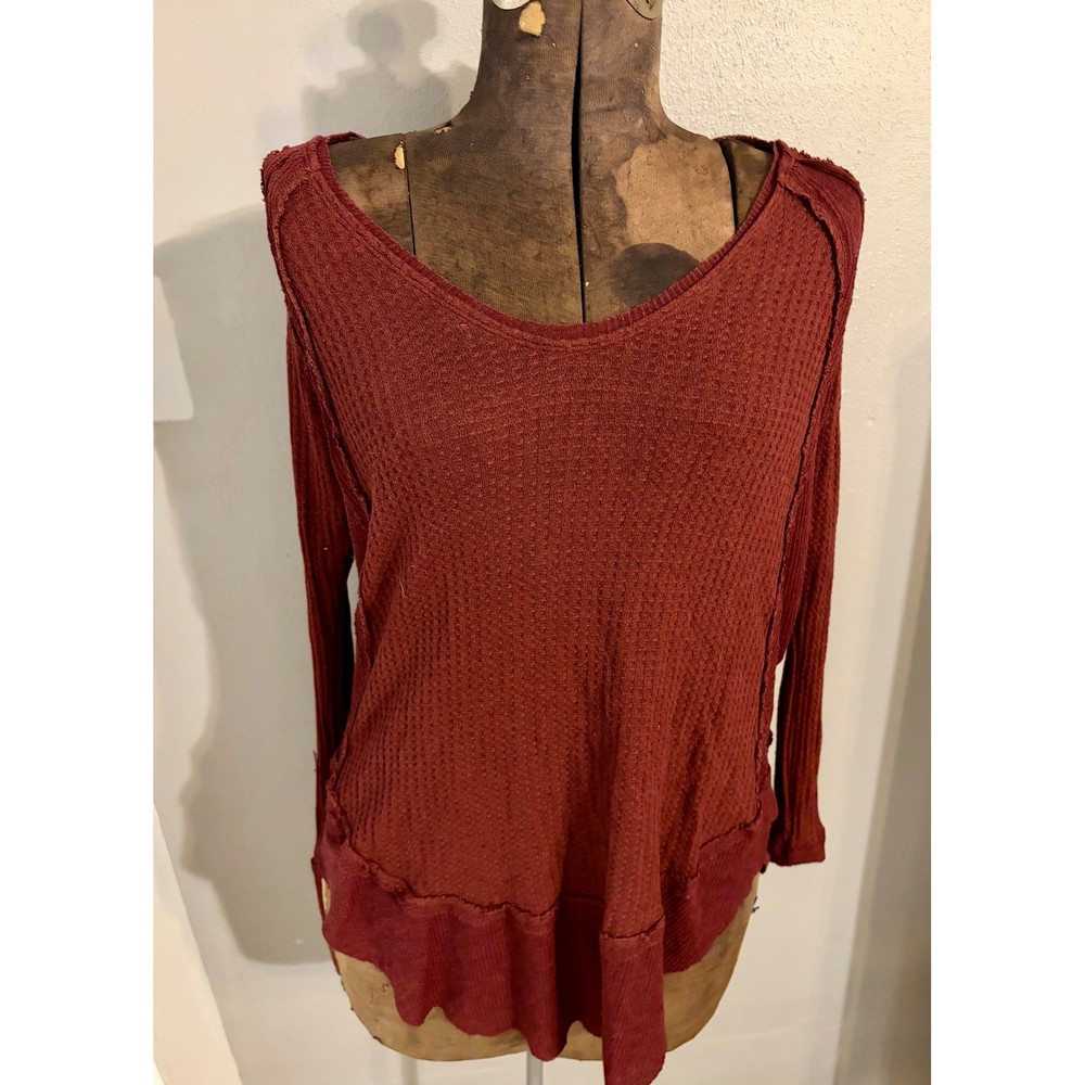 Free People We The Free Thermal Waffle Knit Top Burgundy Raw Seam Boho Small