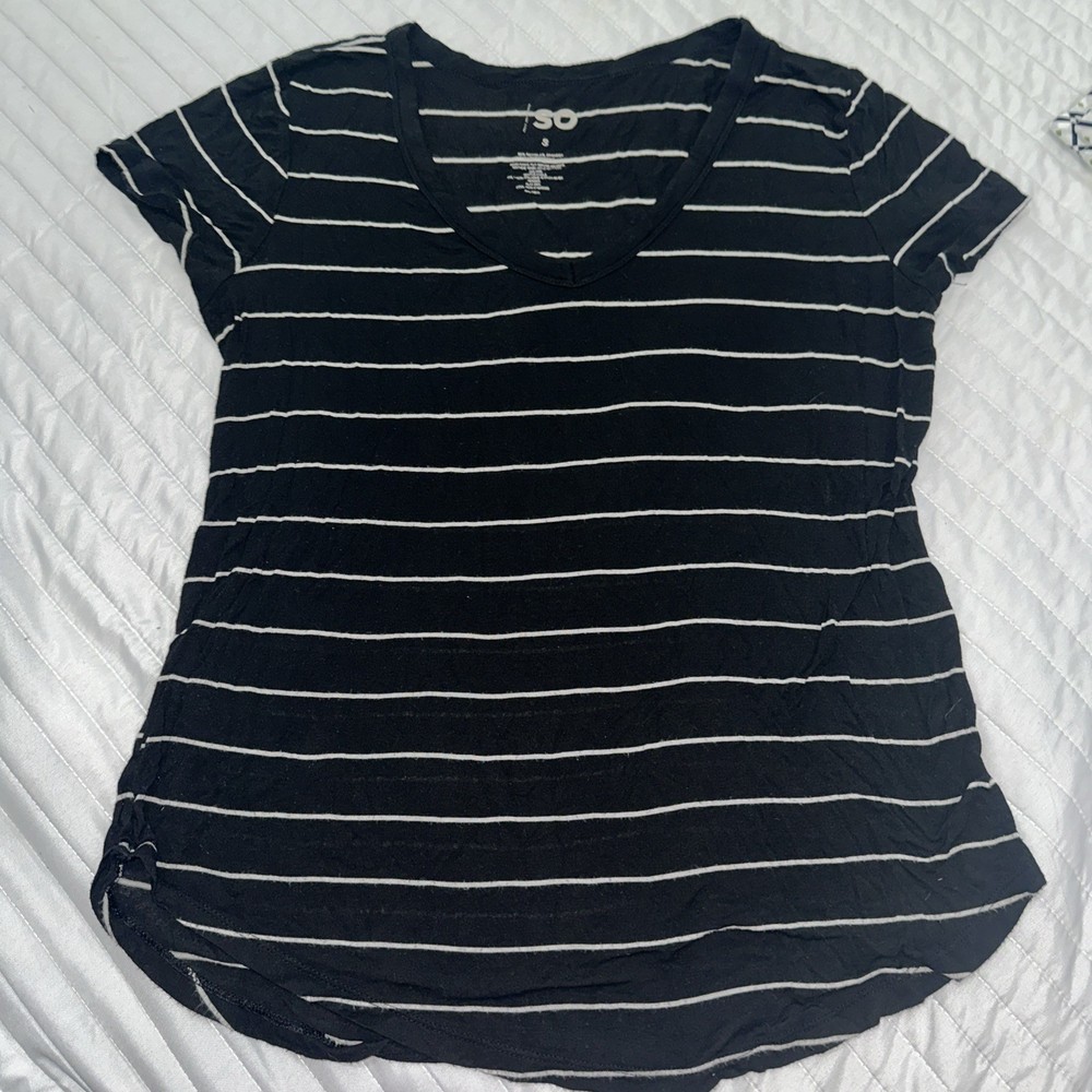 SO Goods For Life - Size S V-Neck Short Sleeve T-shirt - Black White Stripes