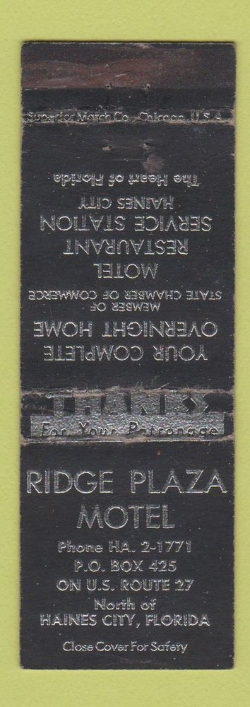 Matchbook Cover - Ridge Plaza Motel Haines City FL WEAR