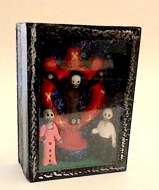 Vintage Mexican Folk Art Shadow Box with Skeleton Figures