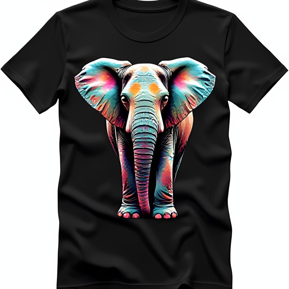 Vivid Abstract Elephant Graphic Black T-Shirt Colorful Dreamlike Design-image