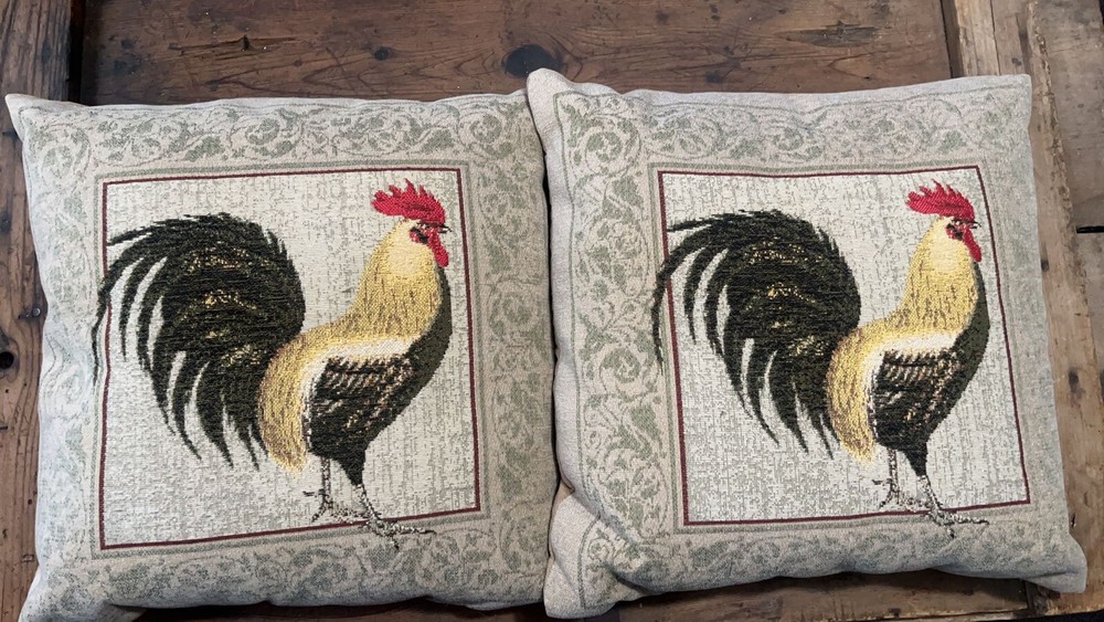 Granny's Country Farmhouse Rooster Throw Pillows Brocade & Velvet 15x15 Set Of 2
