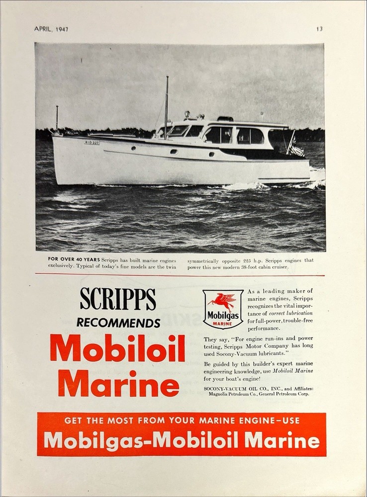 Mobil Oil and Scripps Marine Engines, Boats Vintage Print Ad 1947