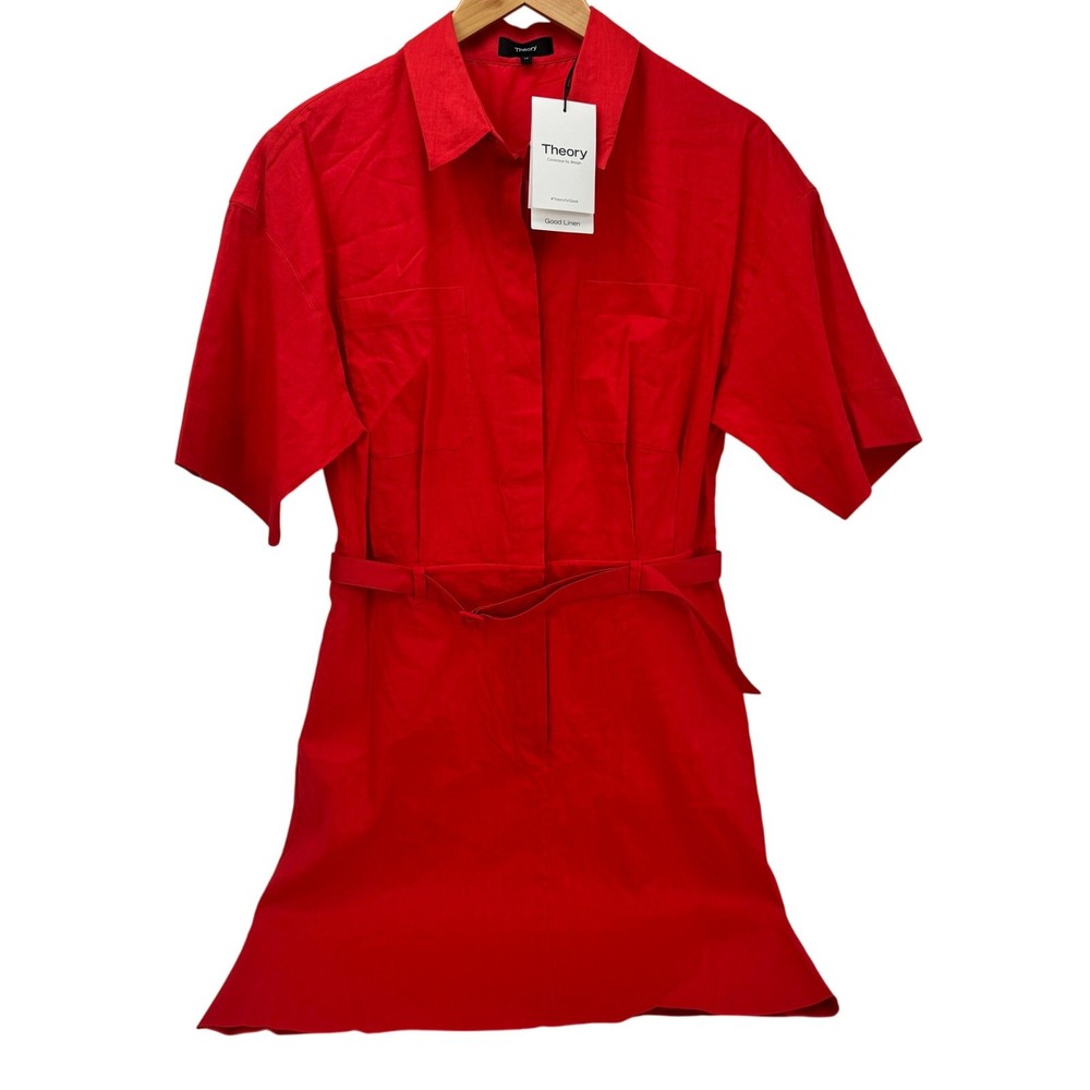 Theory Eco Crunch Dress Womens 10 Poppy Red Belted Good Linen Blend Coastal NEW