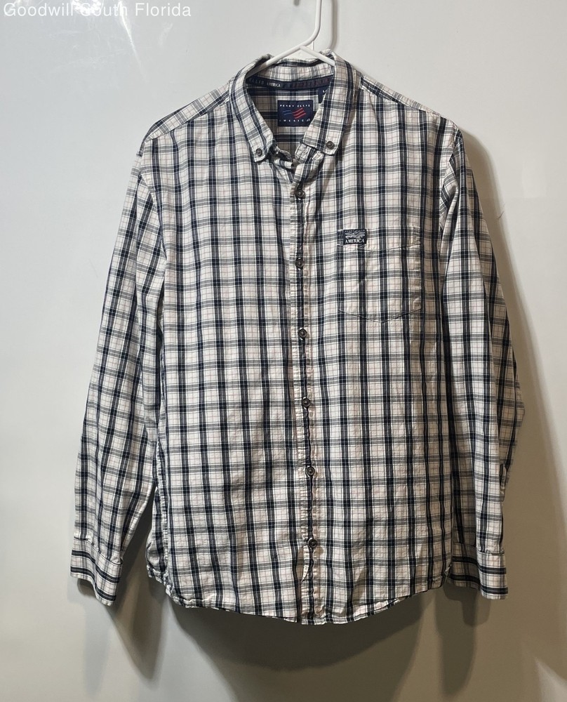 Perry Ellis Mens Blue White Plaid Collared Button-Up Shirt Size Large