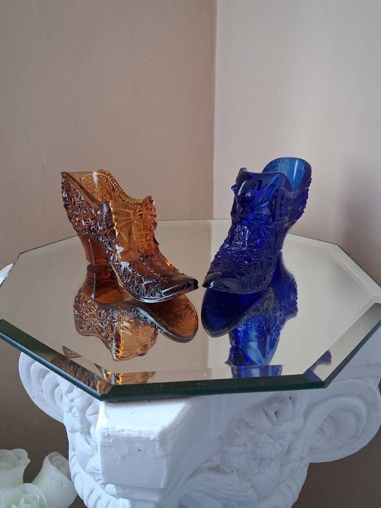 Vtg 2 Fenton Art Glass Cobalt Blue & Amber Daisy Button Cat Head & Bow Slippers