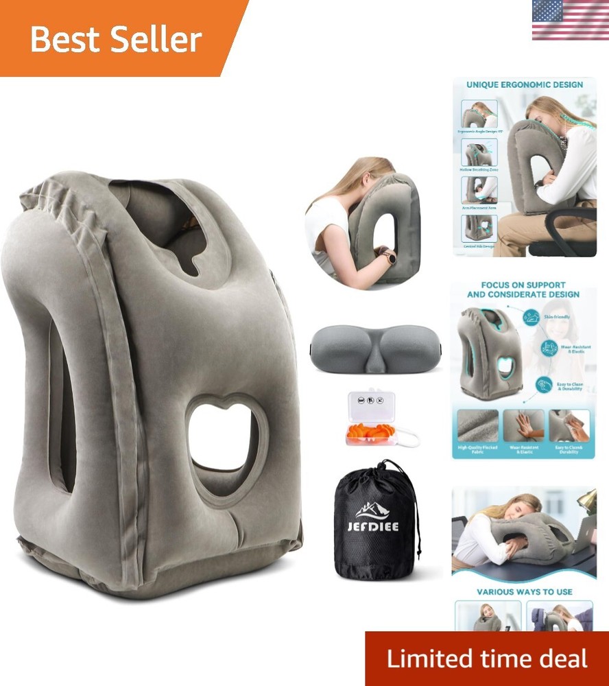 Inflatable Neck Pillow for Travel Car Office Airplane Train Support Grey  