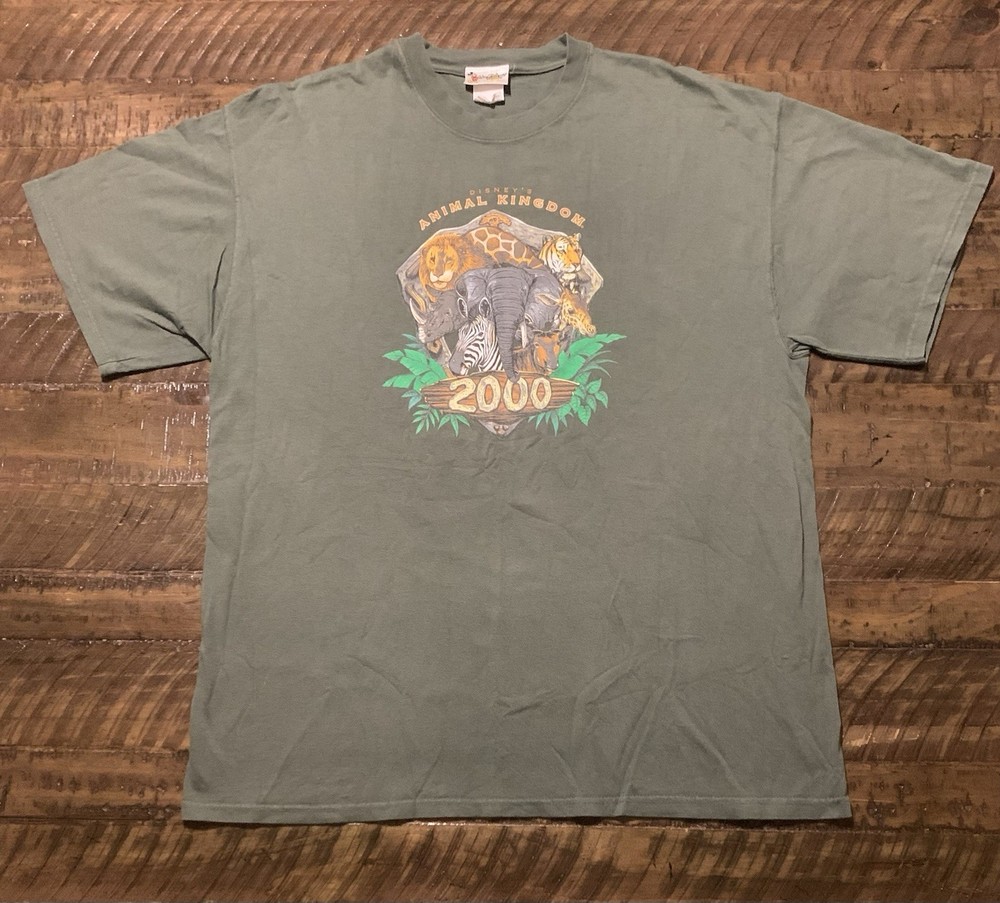 Vintage 2000 Disney World Animal Kingdom Safari Graphic Green T Shirt Large Y2K