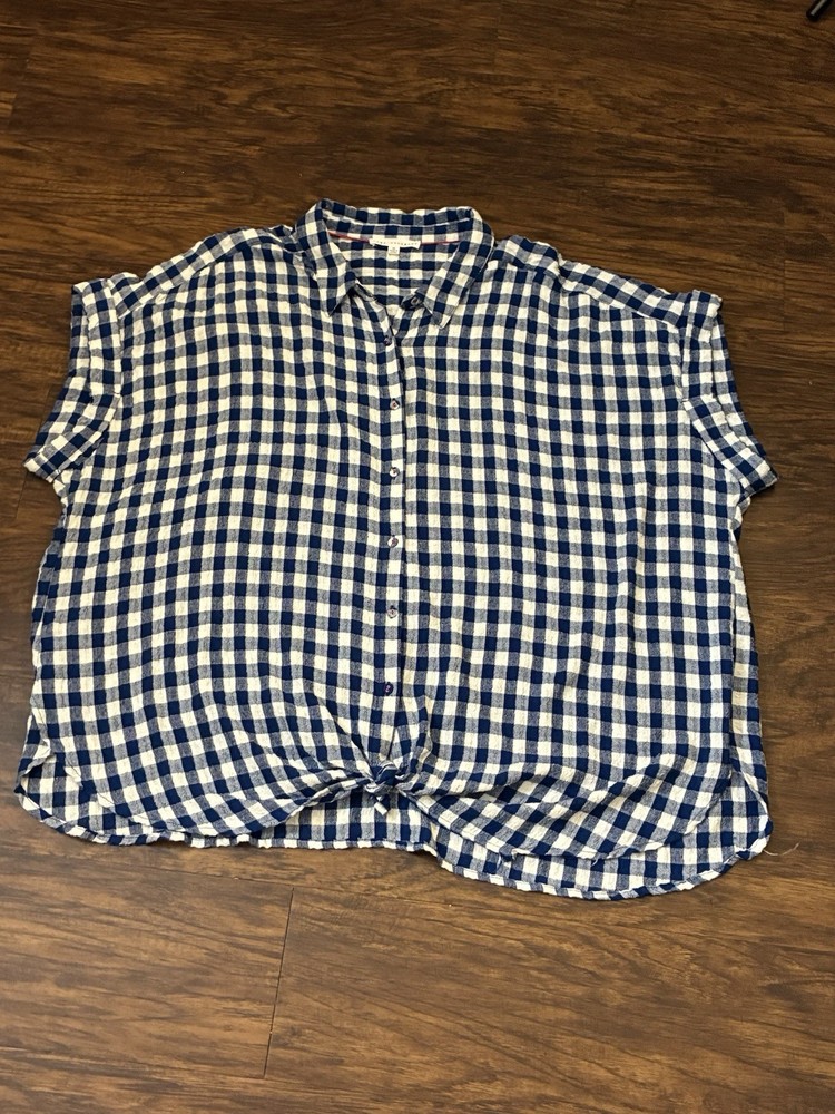 Jane Delancey Gingham Shirt Womens 3X Blue White Plaid Button Front Tie Hem Top