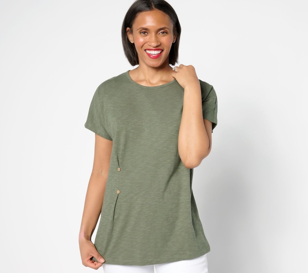 Denim & Co. Women's Top Sz M Linen Blend Dolman Sleeve Tunic Green A647337