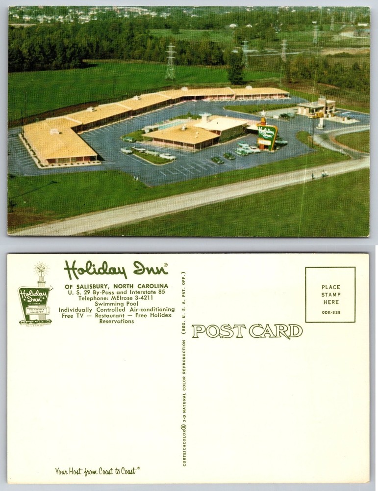 Vintage Holiday Inn Salisbury NC Postcard Aerial View Chrome Curteich 1950s