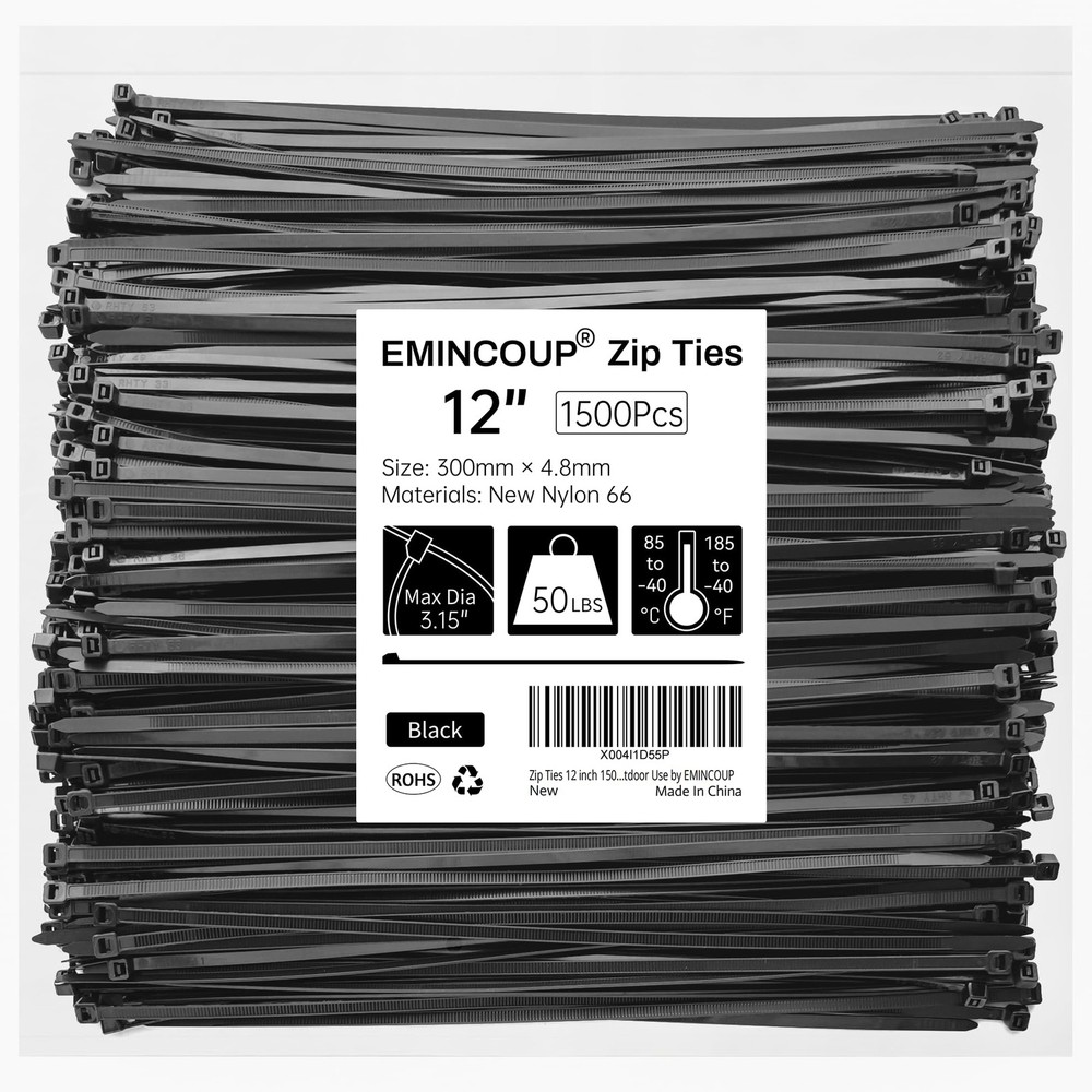 1500 Pcs 12-Inch Heavy Duty Black Cable Ties 50 lbs Tensile Strength