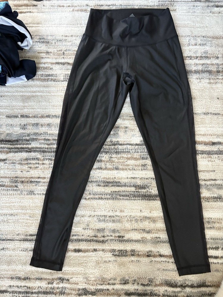 Adidas Women's Small S Solid Black Athletic Leggings Mesh Sides High Waist EUC