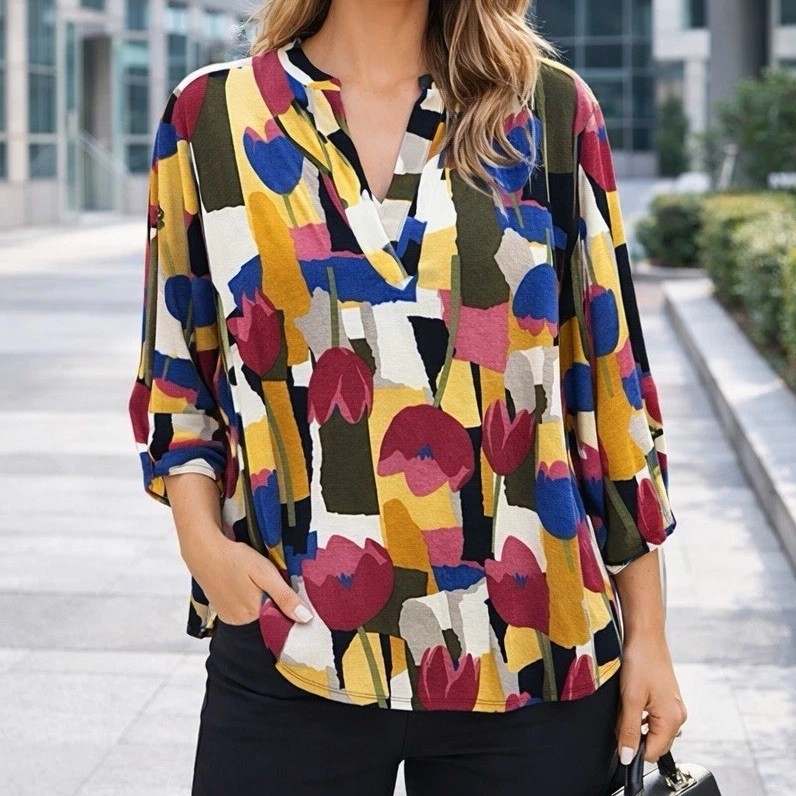 Dear Scarlett Blouse Top Women's Size 3X Multi Color 3/4 Roll Tab Sleeve Tulip