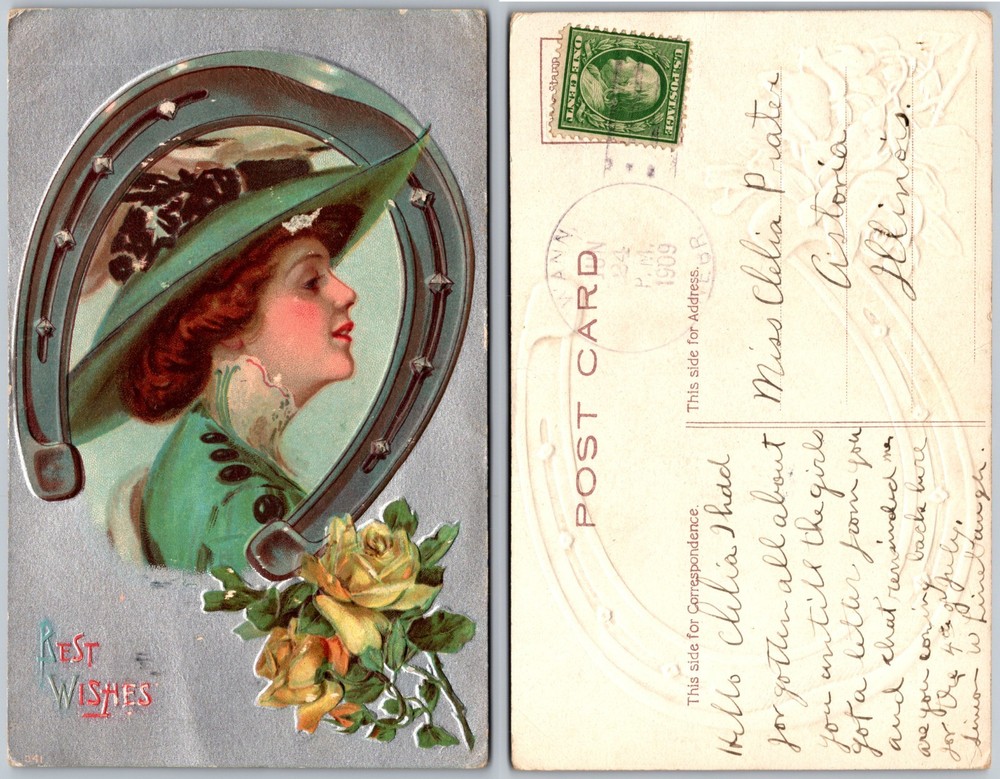Lady Portrait Horseshoe Roses Postcard