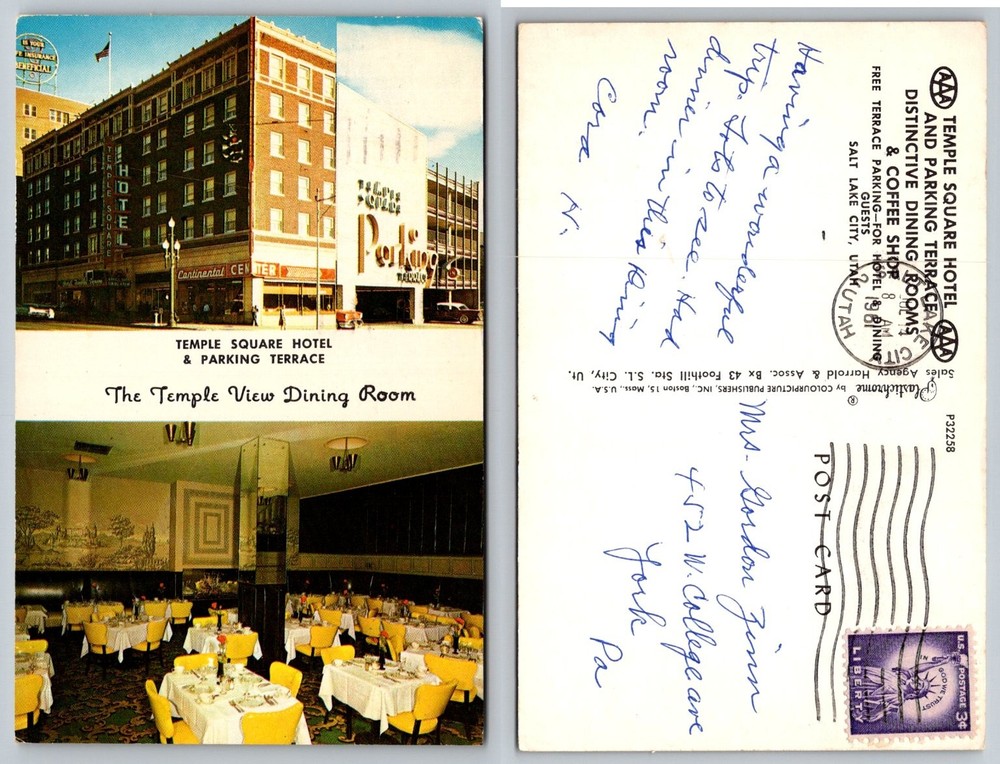 Vintage Temple Square Hotel Salt Lake City UT Postcard - Dining Room & Exterior