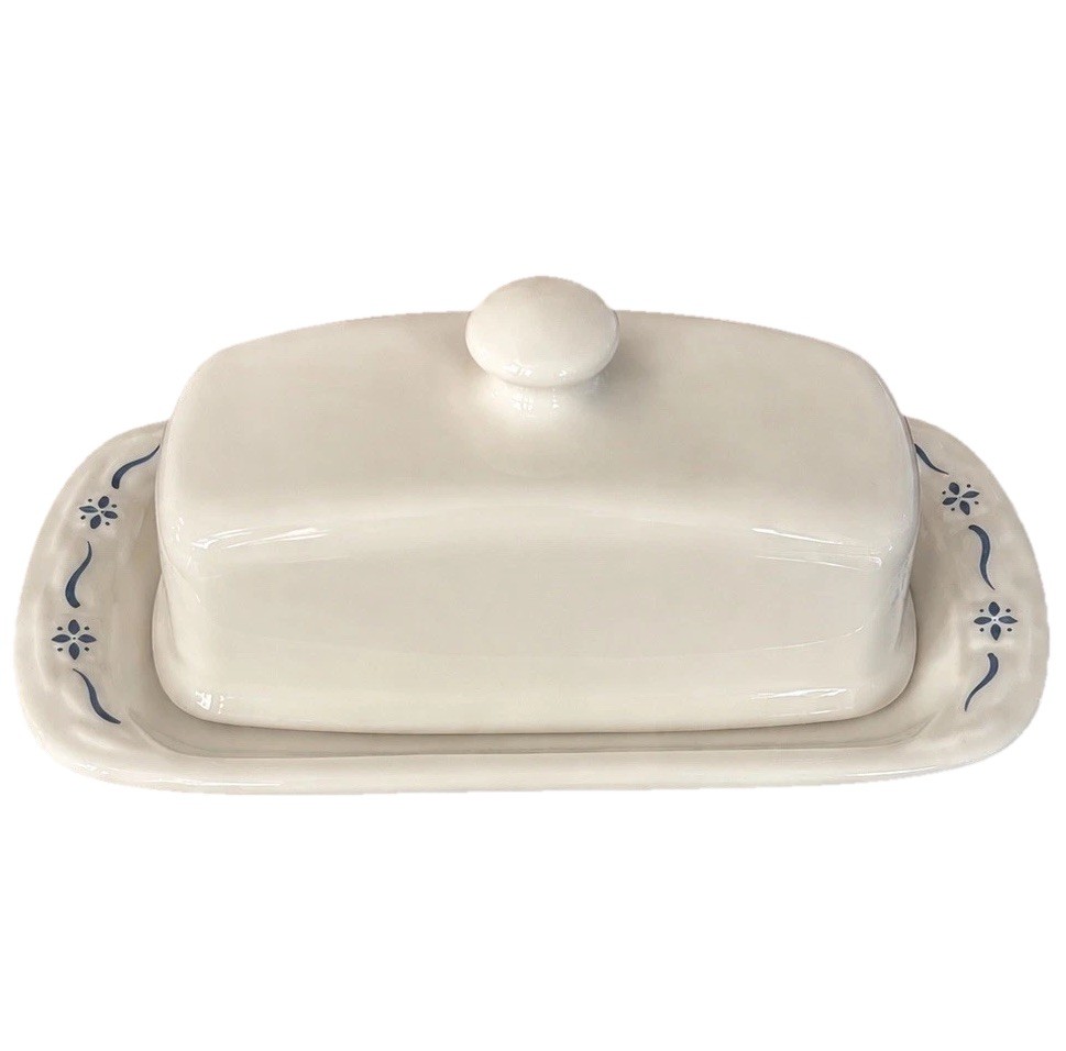 Longaberger Woven Traditions Covered Butter Dish Classic Blue Vitreous Pottery