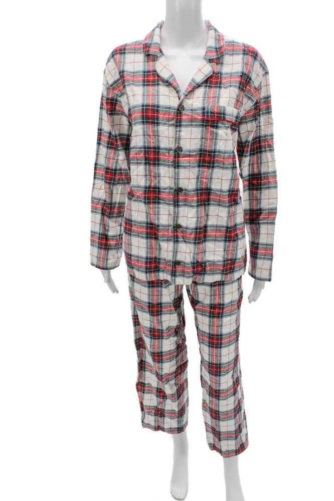 Eberjey Women Pajama Set White Cotton Collared Plaid Long Sleeve Size MFree Shipping in US $100+ Orders | $6.95 Orders Below