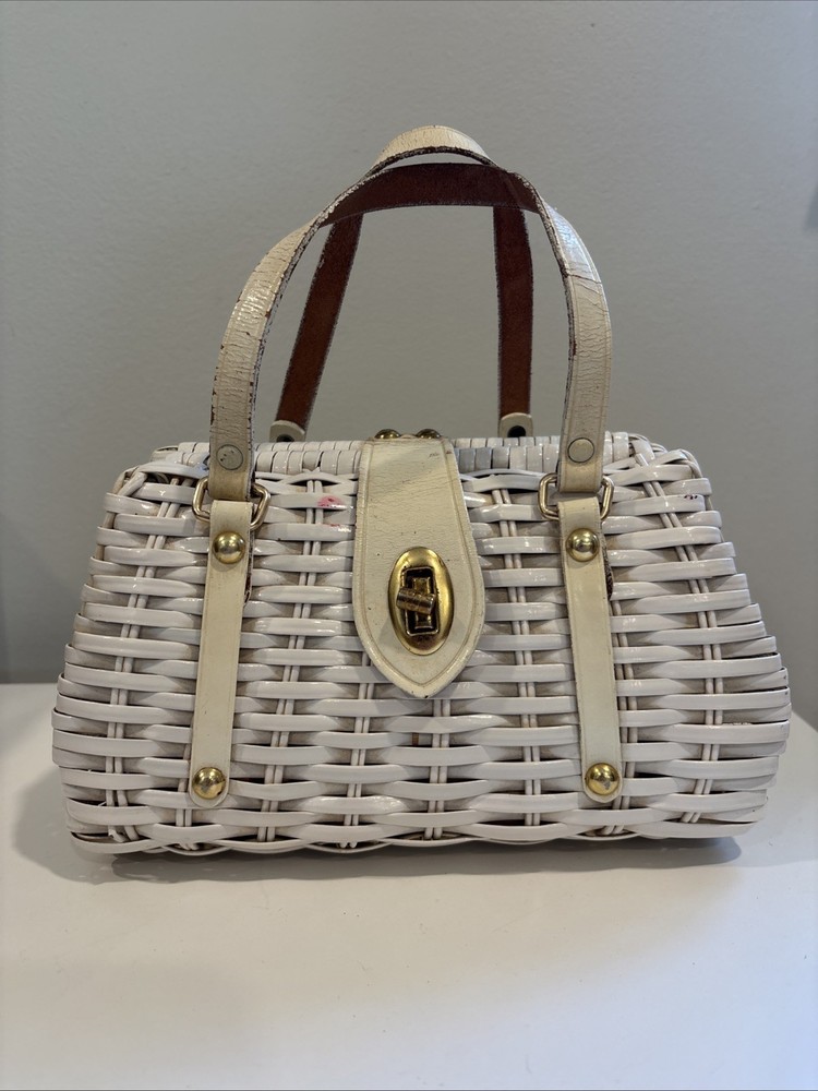 Vintage Basket Handbag White Wicker And Leather, Floral Print Interior