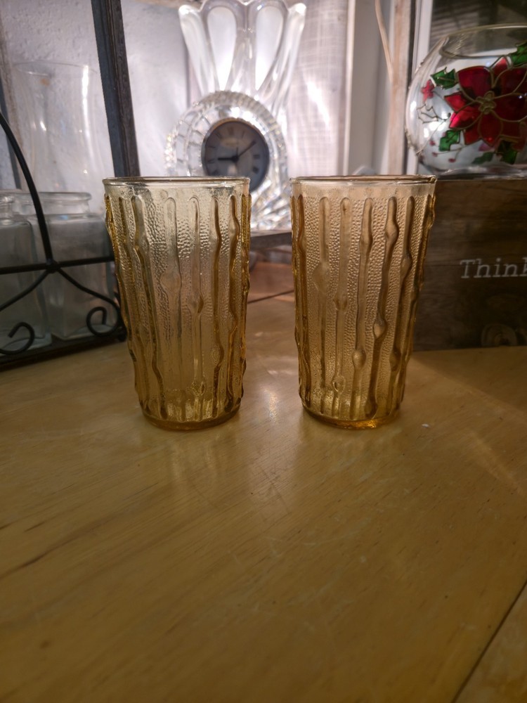 2 Anchor Hocking Tahiti Bamboo Glasses Tumblers Honey Gold Vintage 12 oz 5