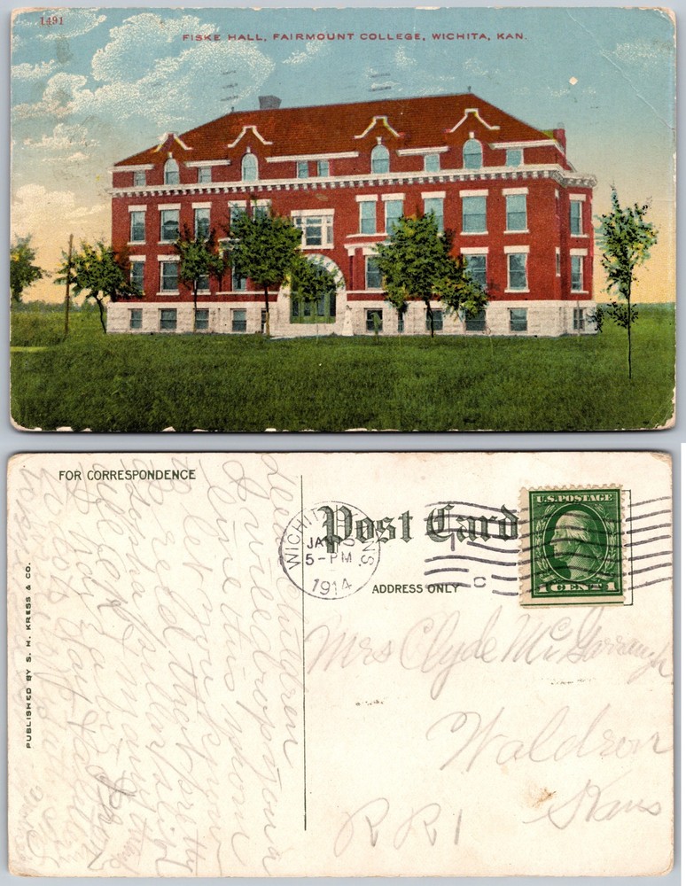 Fiske Hall Fairmount College Wichita KS Postcard