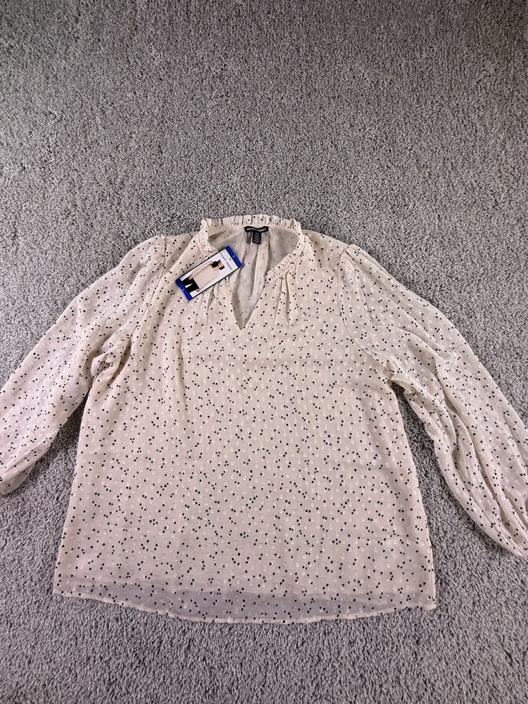 NWT Hilary Radley Spotted Blouse Size Large Ivory Long Sleeve
