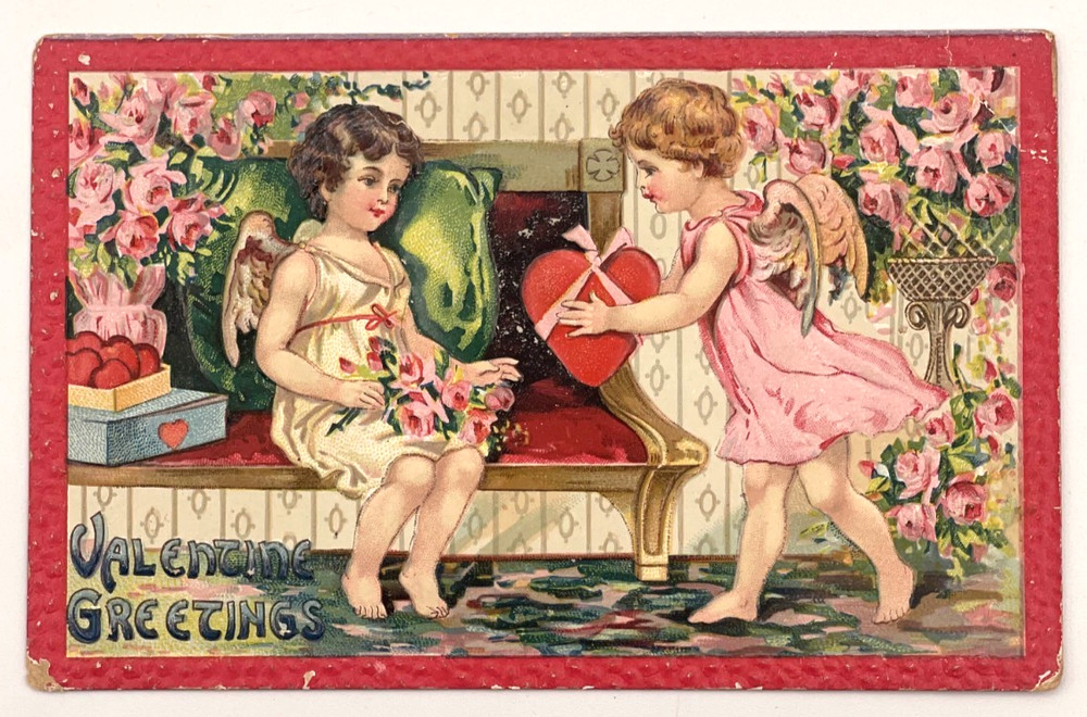 Antique Embossed Valentine Postcard Cupids Heart Gift Roses Germany