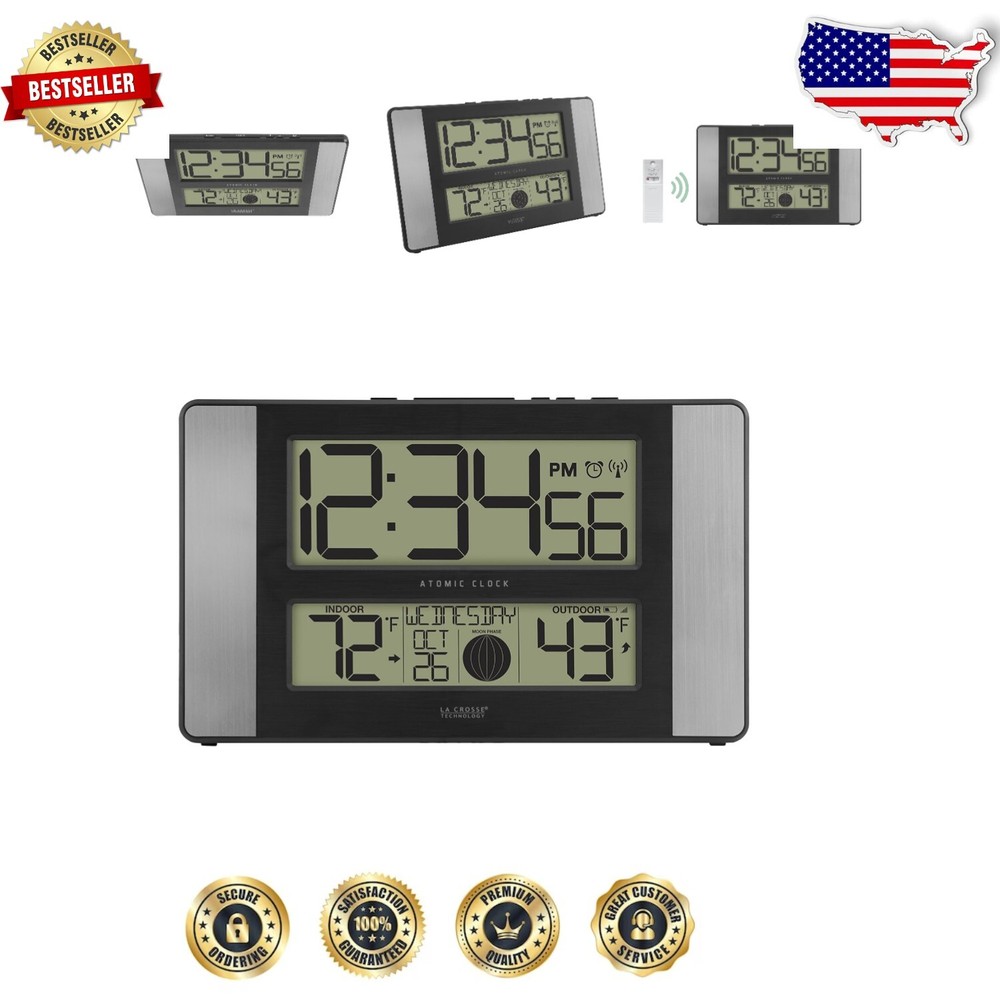 Precision Atomic Clock with Outdoor Temp Sensor and Clear LCD, Grey/Black-image