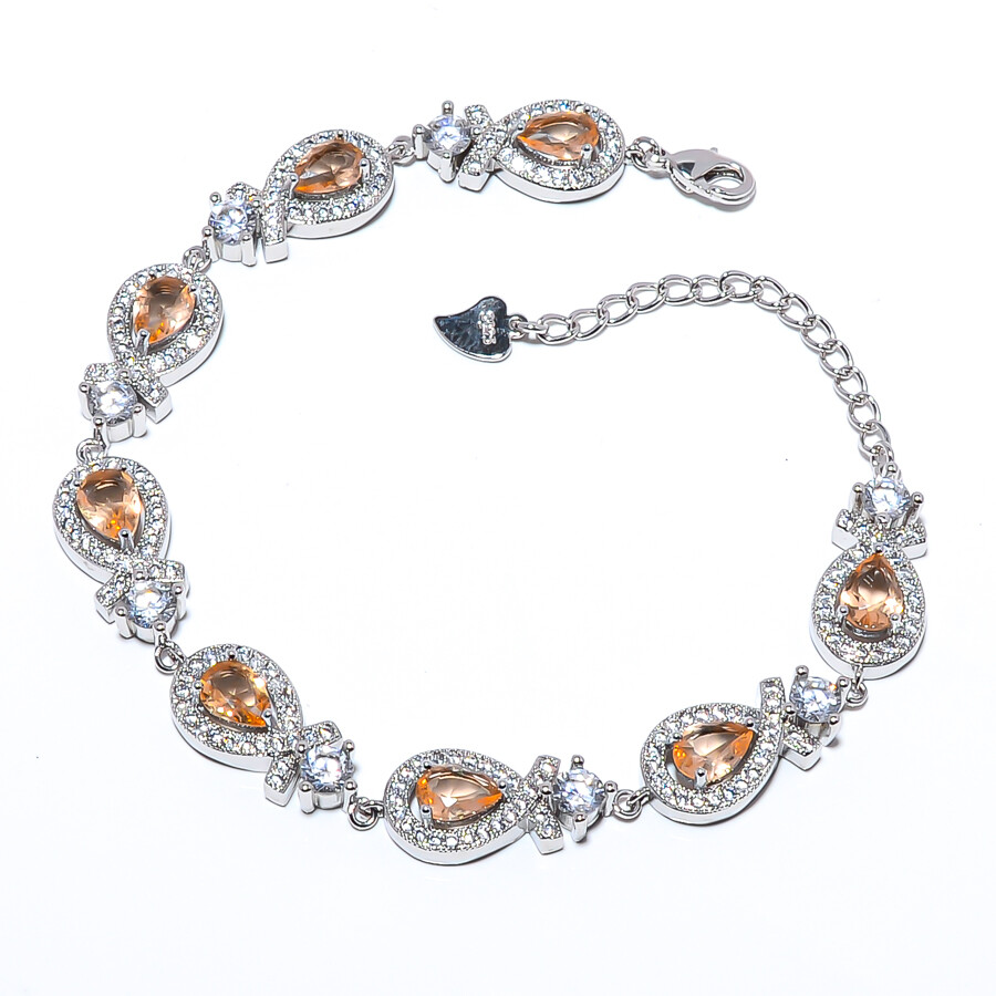 Rose Quartz & White Cz Solid 925 Sterling Silver Bracelet 6-8