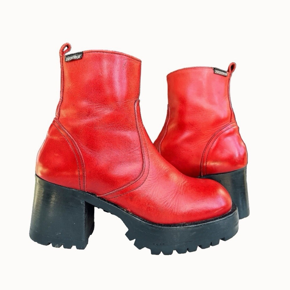 DESTROY Platform Vintage Y2K Zip Red Leather Ankle Boots 37 38 7.5