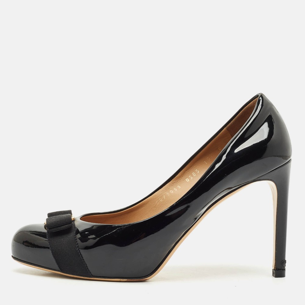 Salvatore Ferragamo Black Patent Leather Pimpa Vara Bow Platform Pumps Size 41