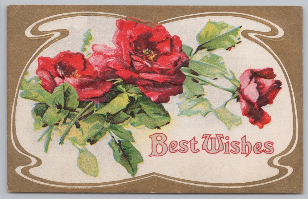 Greetings~Red Roses & Best Wishes~Vintage Postcard
