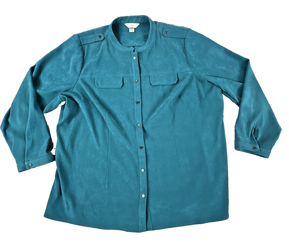 CJ Banks Faux Suede Blouse Women's 2X Teal Blue Button Up Utility Shirt Jacket