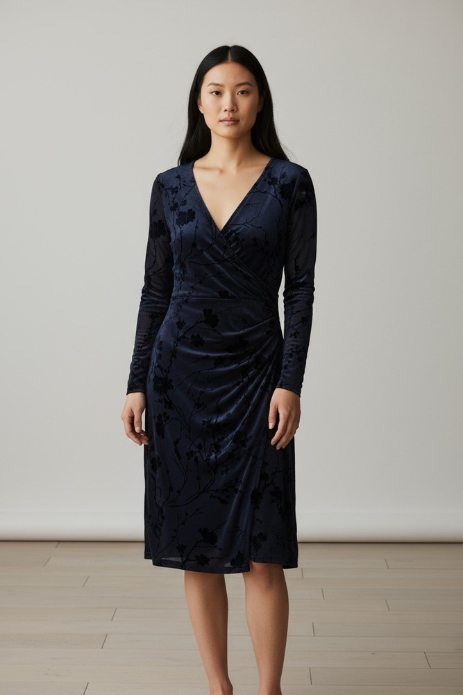 Ralph Lauren Size 10 Dress Navy Blue Faux Wrap Floral Velvet Burnout Whimsygoth