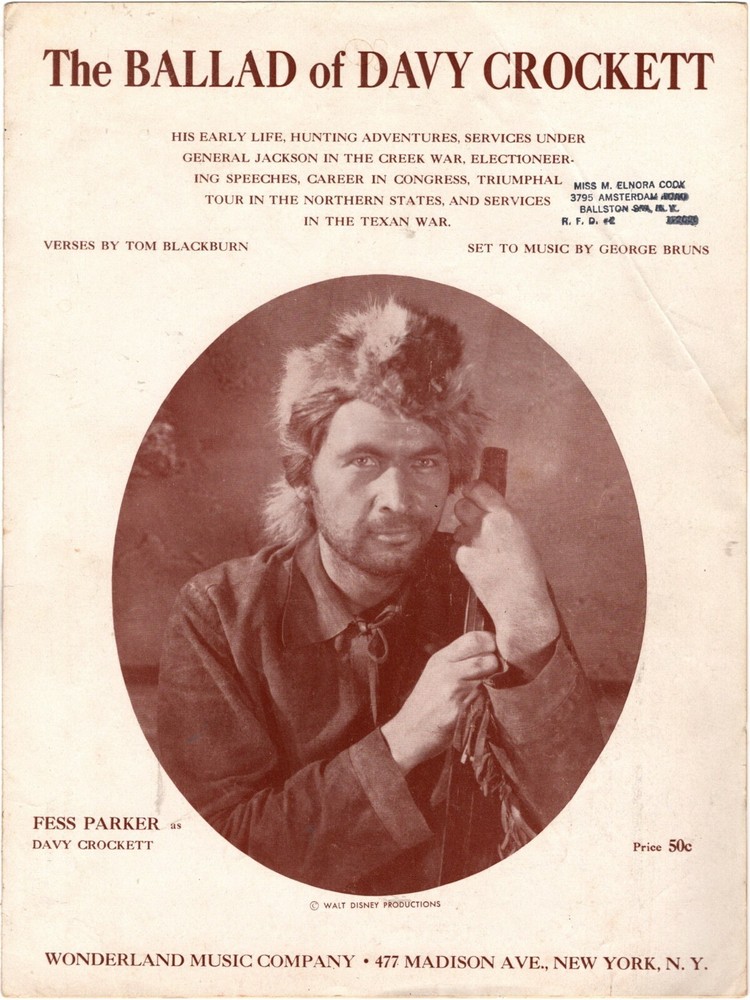 The Ballad of Davy Crockett, Fess Parker Photo, 1954 vintage Movie sheet music