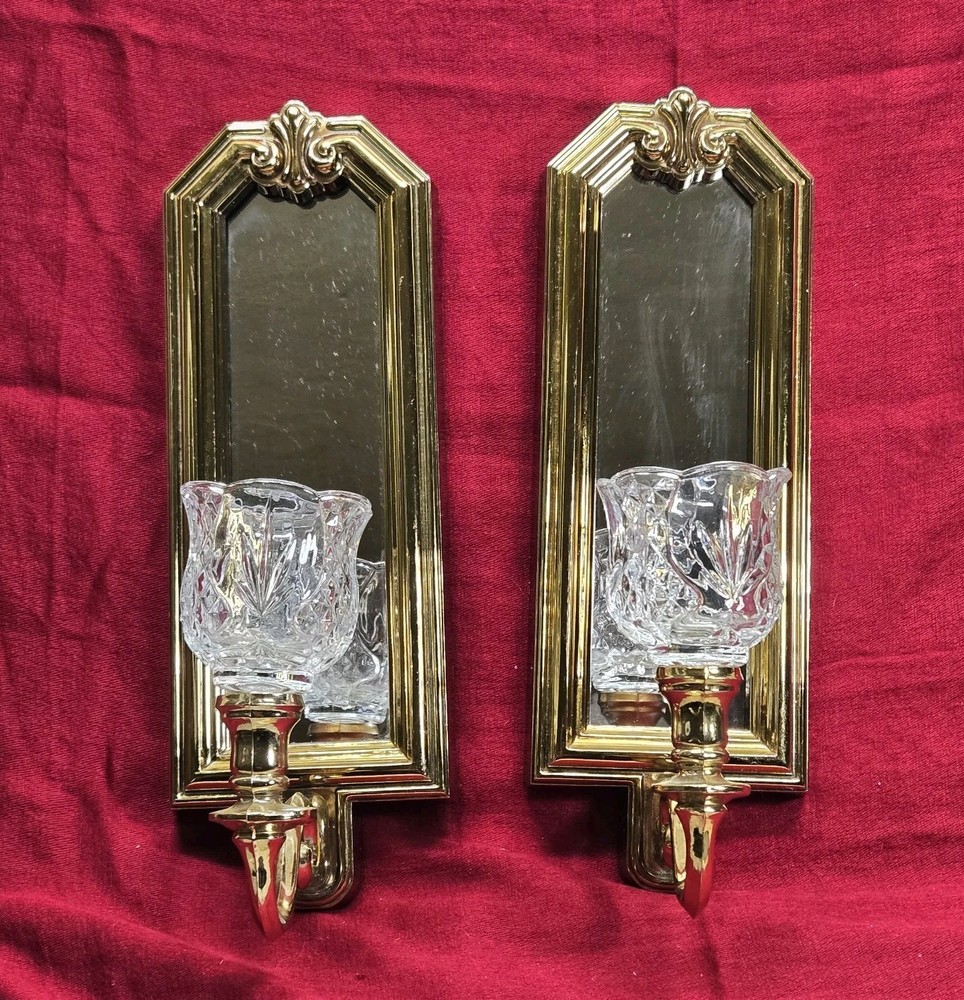 Lot 2! Syroco Gold Tone Plastic Wall Sconces Mirror Candle Holders Clear Glass