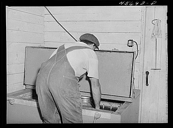 Photo:Fairfield Vermont VT 1930s FSA Dairy Farmer Milk Cooler Man