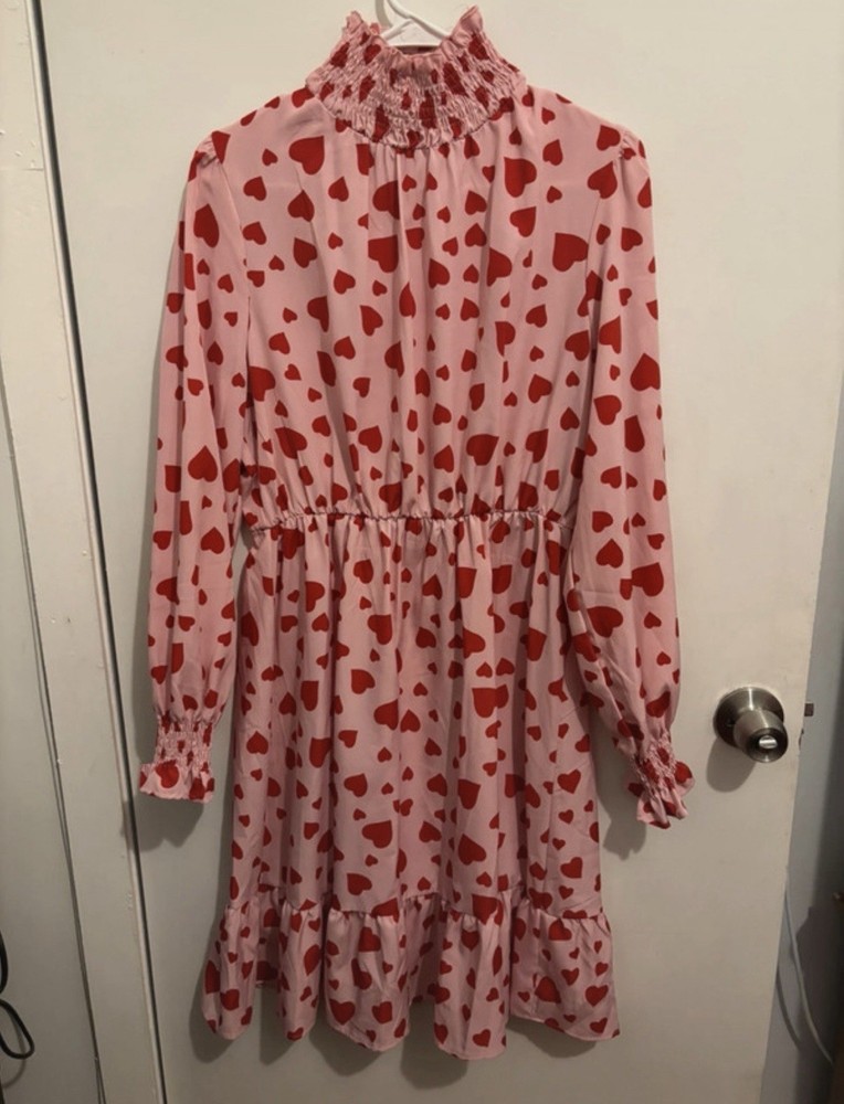 Pink and red heart print midi dress with long sleeves and ruffle hem