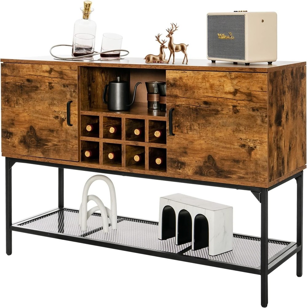 Industrial Buffet Cabinet with Storage & 8-Bottle Wine Rack for Kitchen
