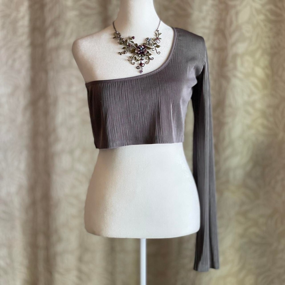 NWOT Manière de Voir One Shoulder Crop Top Gray Ribbed Shirt Edgy Y2K Size 12