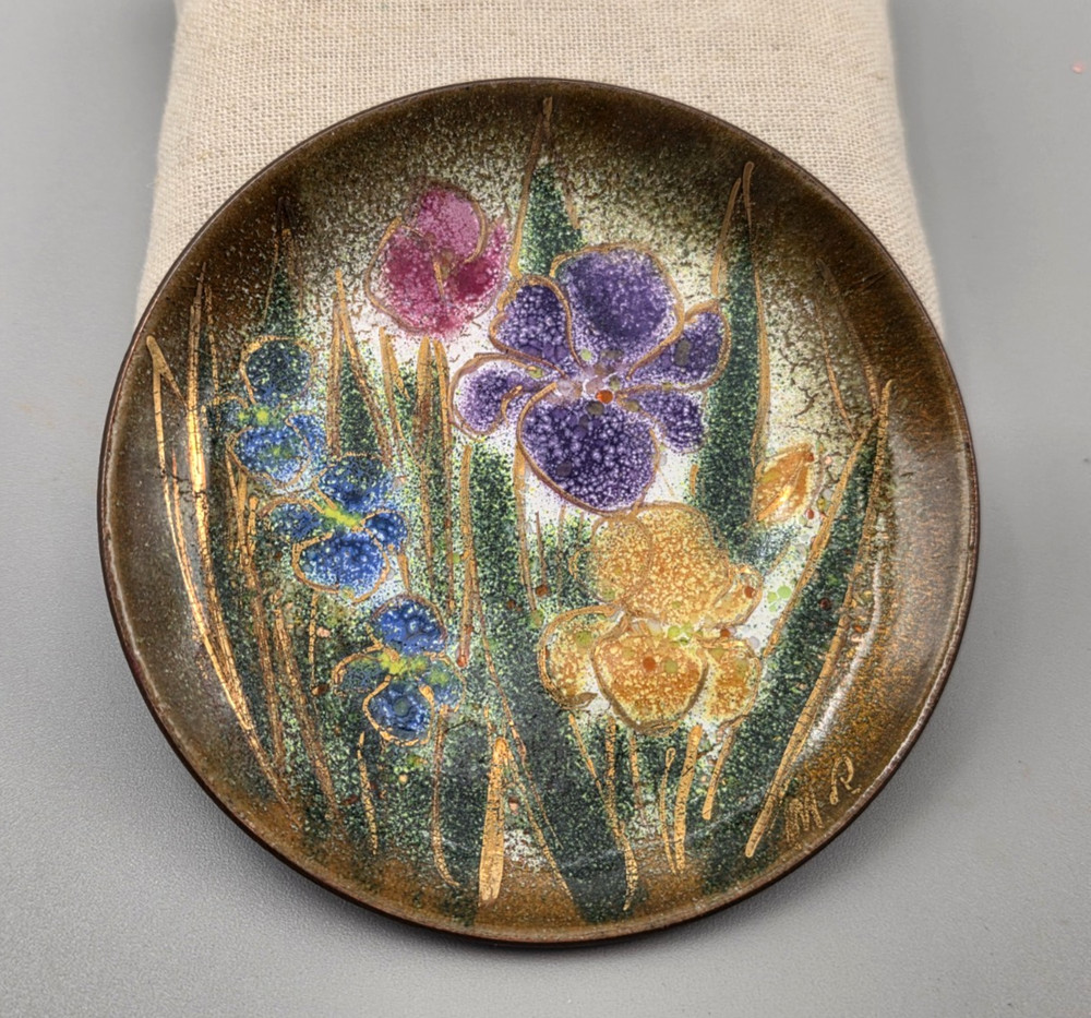 Enamel on Copper Trinket Dish Iris Flowers Artist Signed Ratcliff 3.75